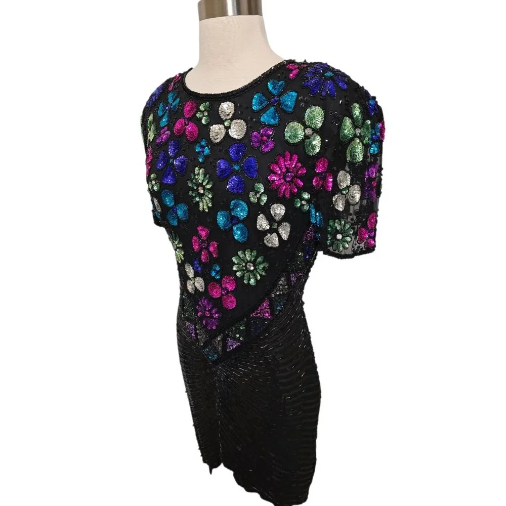Vintage 90s Fully Sequin Dress Womens Size Medium Black Formal Party Sweelo - Picture 9 of 10